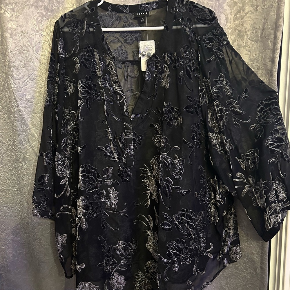 Torrid Black Floral Sheer Blouse